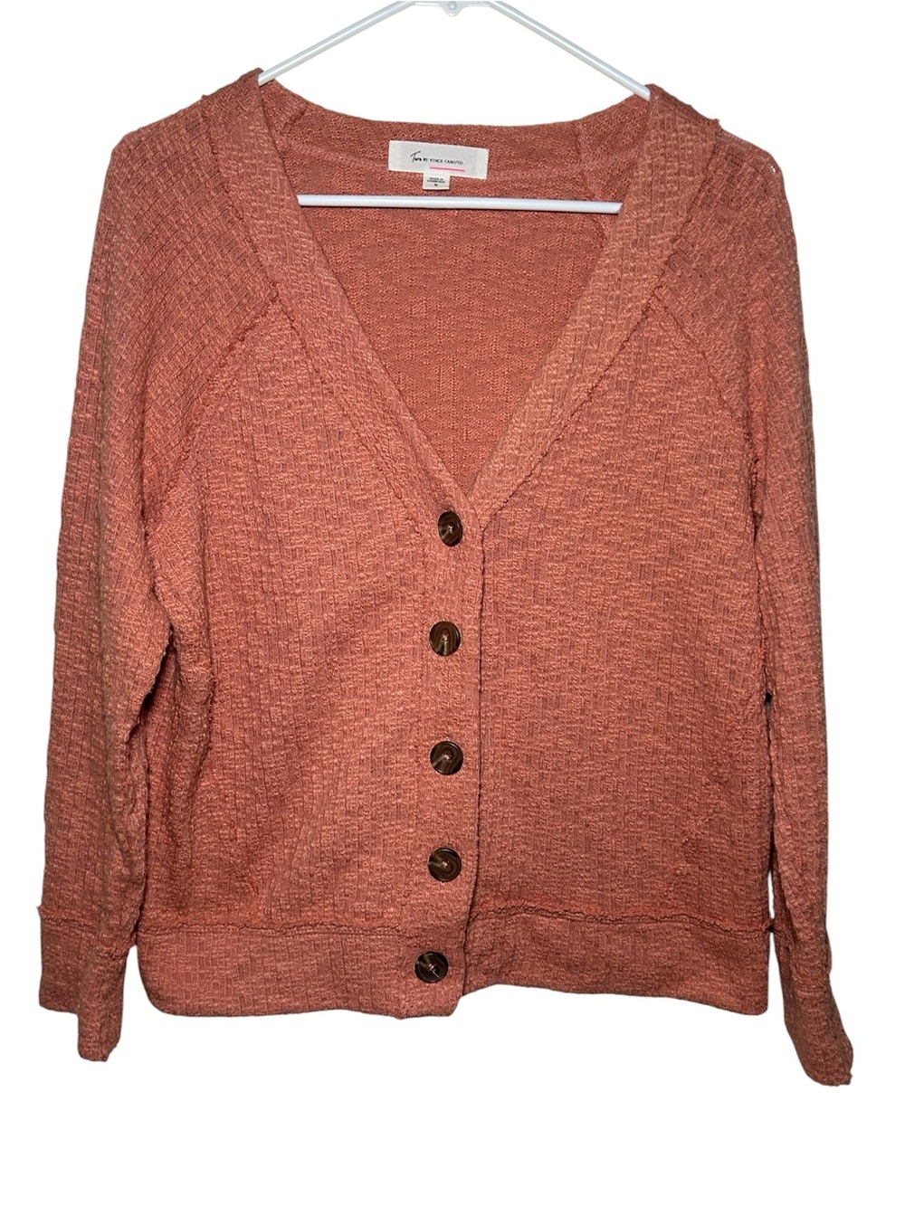 Two Vince Camuto Cozy Button-Front V-Neck Cardigan Sweater Rust Fall Casual Work